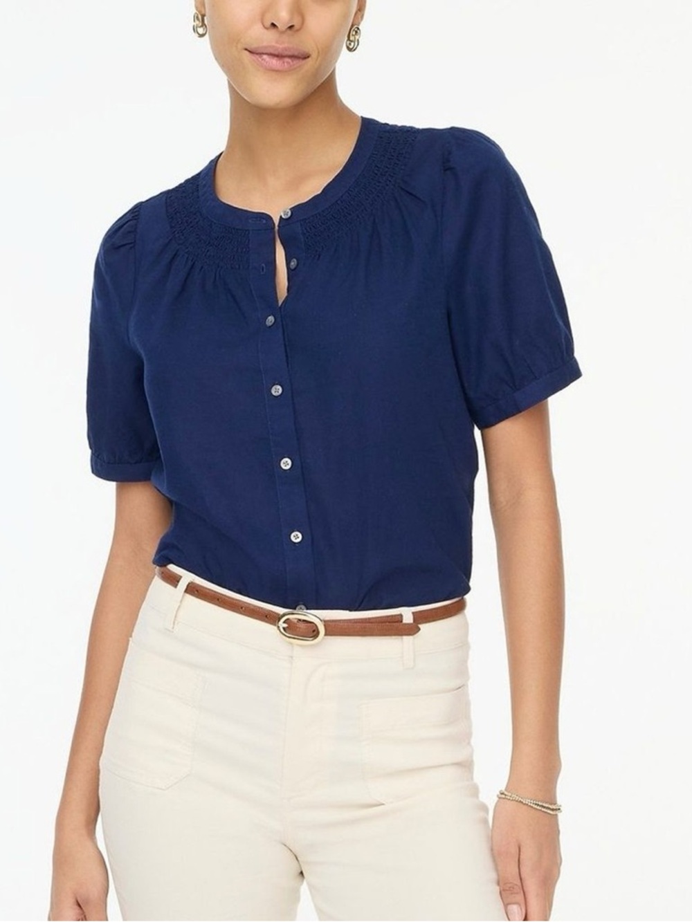 J. Crew Factory Linen blend short sleeve smock neck top navy XXL